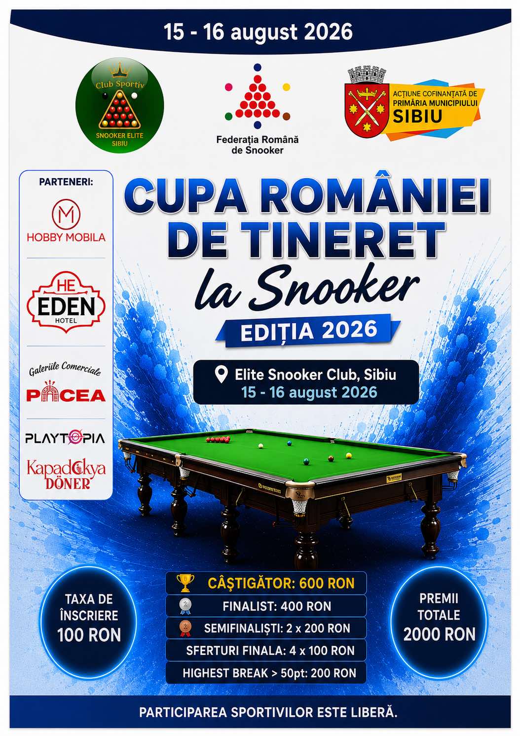 Sibiul devine capitala snookerului juvenil. Cupa României revine cu ediția a doua